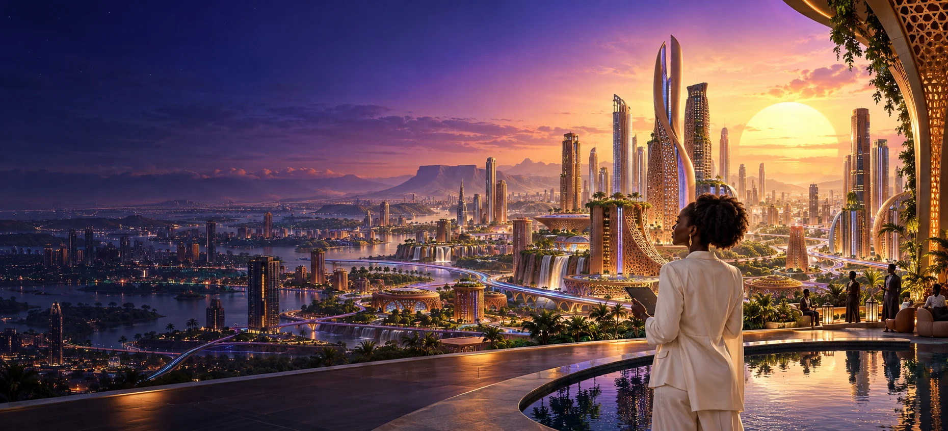 An imagined African city at sunrise, with garden-covered towers and an African engineer looking toward the future